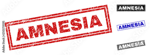 Grunge AMNESIA rectangle stamp seals isolated on a white background. Rectangular seals with grunge texture in red, blue, black and gray colors.