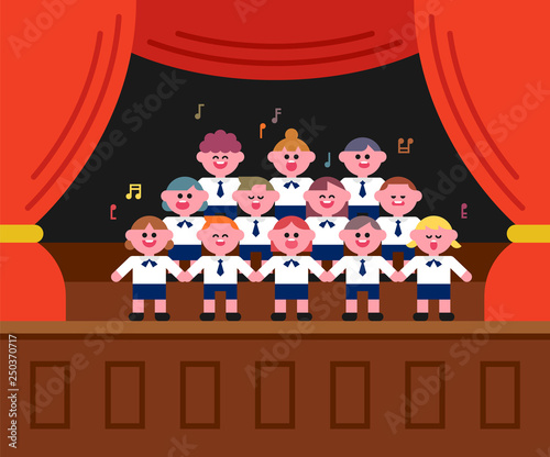Cute choir children singing on stage. flat design style minimal vector illustration