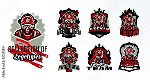 A set of colorful emblems, stickers, badges, logos of a firefighter in a gas mask. Rescue unit, protective equipment, uniform, fire, service, shield, lettering. Vector illustration, stamp on t-shirts