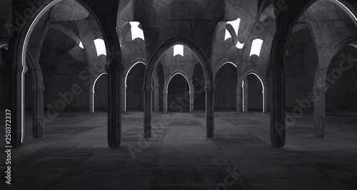 Abstract  concrete gothic interior with neon lighting. 3D illustration and rendering.