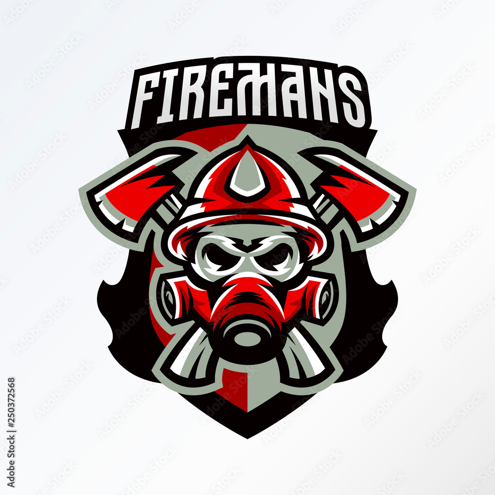 Colorful badge, logo, sticker, emblem skull fireman in gas mask and axes. Protection, rescue squad, uniform, bones, tools, fire, shield, lettering. T-shirt printing, vector illustration Colorful badge, logo, sticker, emblem skull fireman in gas mask and axes. Protection, rescue squad, uniform, bones, tools, fire, shield, lettering. T-shirt printing, vector illustration