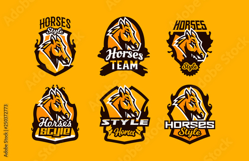 Colorful set of logos, icons, emblems, horse head. Stallion, animal, pony, sports club, shield, lettering. Vector illustration