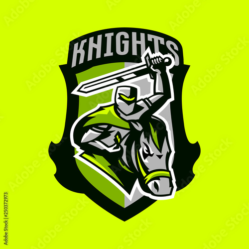 Colorful emblem, logo, badge of a knight riding on a horse and waving with a sword. Swordsman, soldier, warrior, paladin, rider, stallion, mascot, steel, armor, shield, lettering. Vector illustration