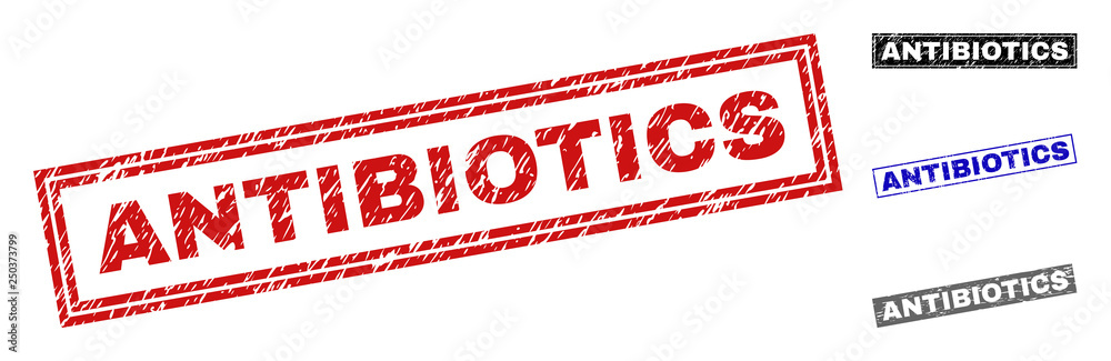 Grunge ANTIBIOTICS rectangle stamp seals isolated on a white background. Rectangular seals with grunge texture in red, blue, black and gray colors. Grunge ANTIBIOTICS rectangle stamp seals isolated on a white background. Rectangular seals with grunge texture in red, blue, black and gray colors.
