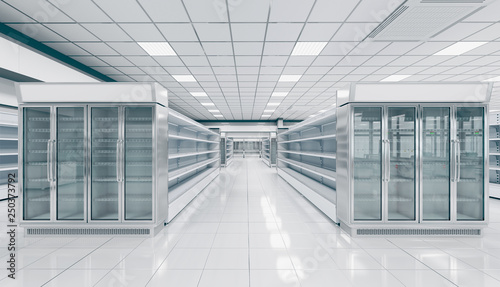 Interior empty supermarket with  showcases freezer. 3d illustration
