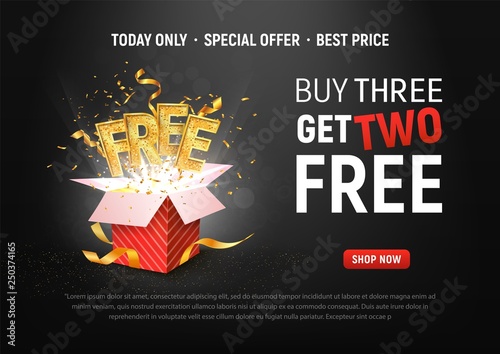 Buy 3 get 2 free vector illustration. Ad Special offer super sale red gift box on dark background