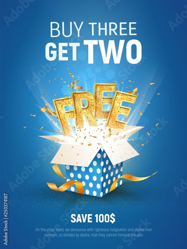 Buy 3 get 2 free vector illustration. Ad Special offer super sale. Free gold word and blue gift box on light background