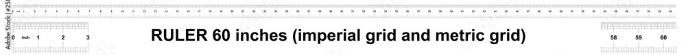 Ruler 60 inches imperial. Ruler 60 inches metric. Precise measuring tool. Calibration grid. Ruler 60 inches imperial. Ruler 60 inches metric. Precise measuring tool. Calibration grid.