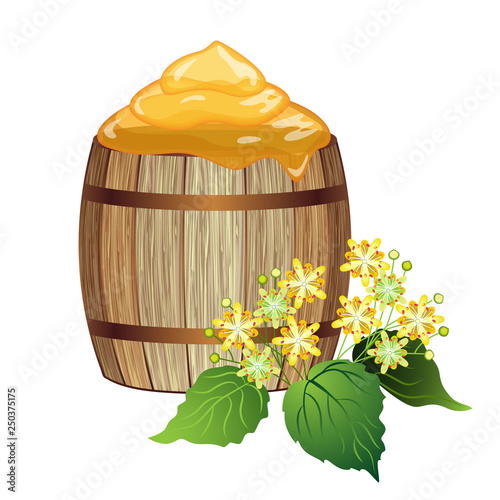 vector keg of honey with linden blossom on white background