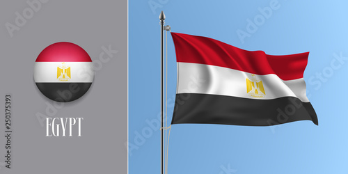 Egypt waving flag on flagpole and round icon vector illustration.
