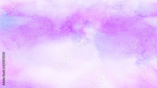 Abstract grunge violet gradient violet water color artistic brush paint splash background. Vintage light purple watercolor paint hand drawn illustration with paper grain texture for aquarelle design.