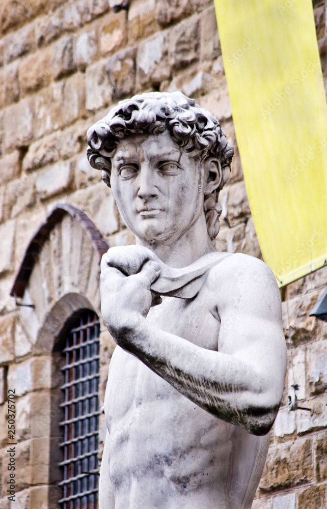 statue of Michelangelo's David in Florence in front of Palazzo Vecchio
