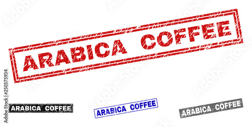 Grunge ARABICA COFFEE rectangle stamp seals isolated on a white background. Rectangular seals with grunge texture in red, blue, black and gray colors.