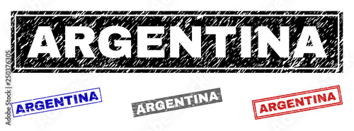 Grunge ARGENTINA rectangle stamp seals isolated on a white background. Rectangular seals with grunge texture in red, blue, black and gray colors.