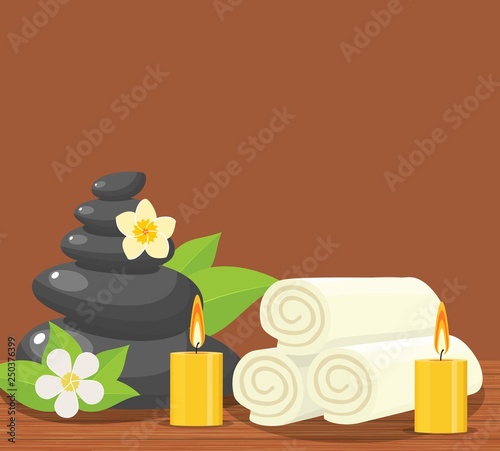 Spa concept poster with towels, stones and candle. SPA beauty and health concept. Vector illustration in flat style