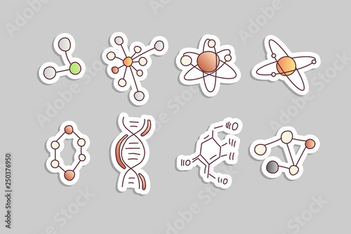 Cute cartoon molecule and atom icon set. Atomic and molecular illustration. Structure of molecula and atom with electron orbit, proton and scheme of DNA, Molecule model line cartoon set. Structure of