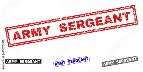 Grunge ARMY SERGEANT rectangle stamp seals isolated on a white background. Rectangular seals with grunge texture in red, blue, black and grey colors.