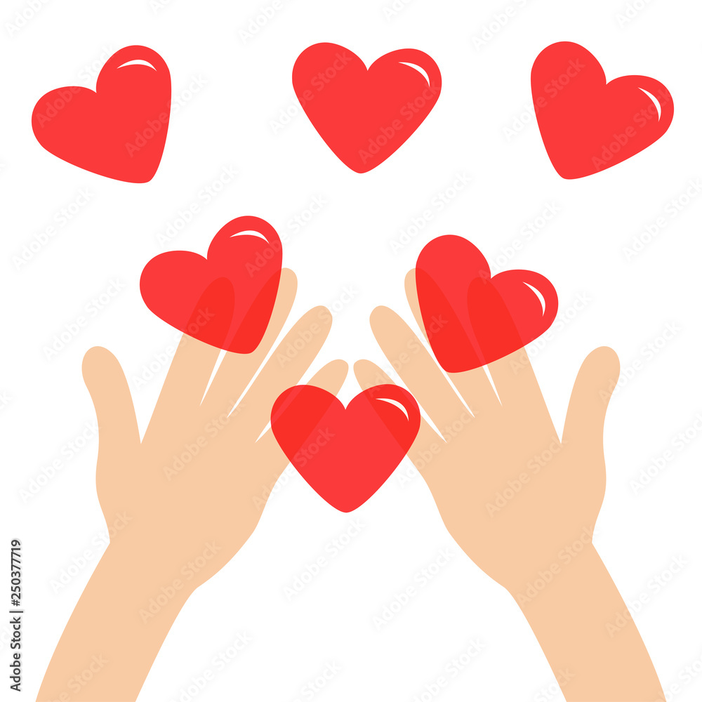 Hands arms holding red shining heart shape sign set. Close up body part. Happy Valentines day. Greeting card. Love soul gift concept Flat design style. White background. Isolated.