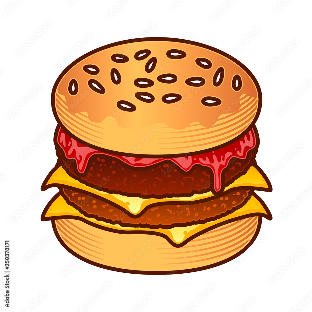 Burger food icon. Cartoon hand draw illustration of burger for web design, menu, game isoleted on white Burger food icon. Cartoon hand draw illustration of burger for web design, menu, game isoleted on white