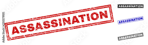 Grunge ASSASSINATION rectangle stamp seals isolated on a white background. Rectangular seals with grunge texture in red, blue, black and grey colors.