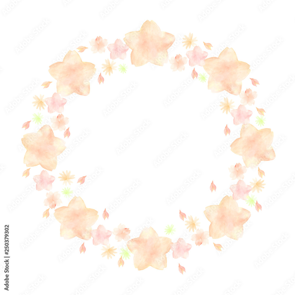 水彩　手描き　きれい　桜　円　フレーム（黄色・文字なし）