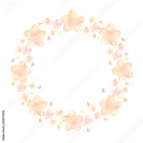 水彩 手描き きれい 桜 円 フレーム（黄色・文字なし）