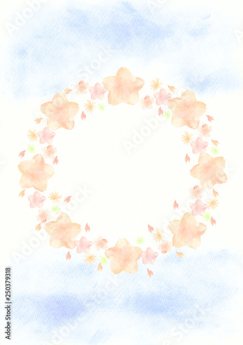 水彩 手描き きれい 桜 円 フレーム（黄色・文字なし・背景パステル空）
