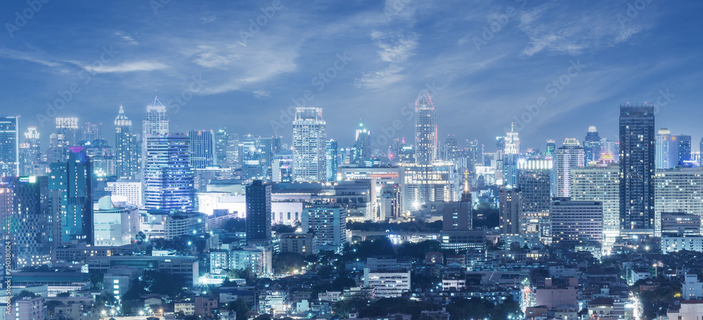 Panorama of Bangkok city skyline during at night blue hour in business district. Panorama of Bangkok city skyline during at night blue hour in business district.