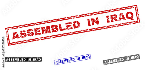 Grunge ASSEMBLED IN IRAQ rectangle stamp seals isolated on a white background. Rectangular seals with grunge texture in red, blue, black and grey colors.