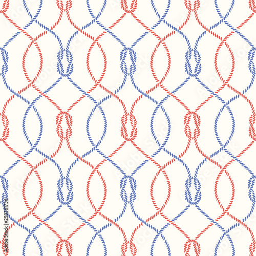 Retro Style Nautical Hand-Drawn Rope Intertwined Ogee Vector Seamless Pattern with Reef Knots. Marine Background Texture
