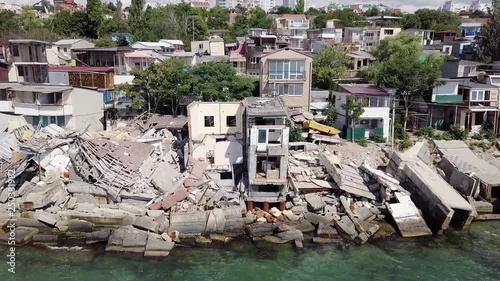 View from the bird's-eye view of the consequences of the landslide in the city of Chernomorsk, Ukraine