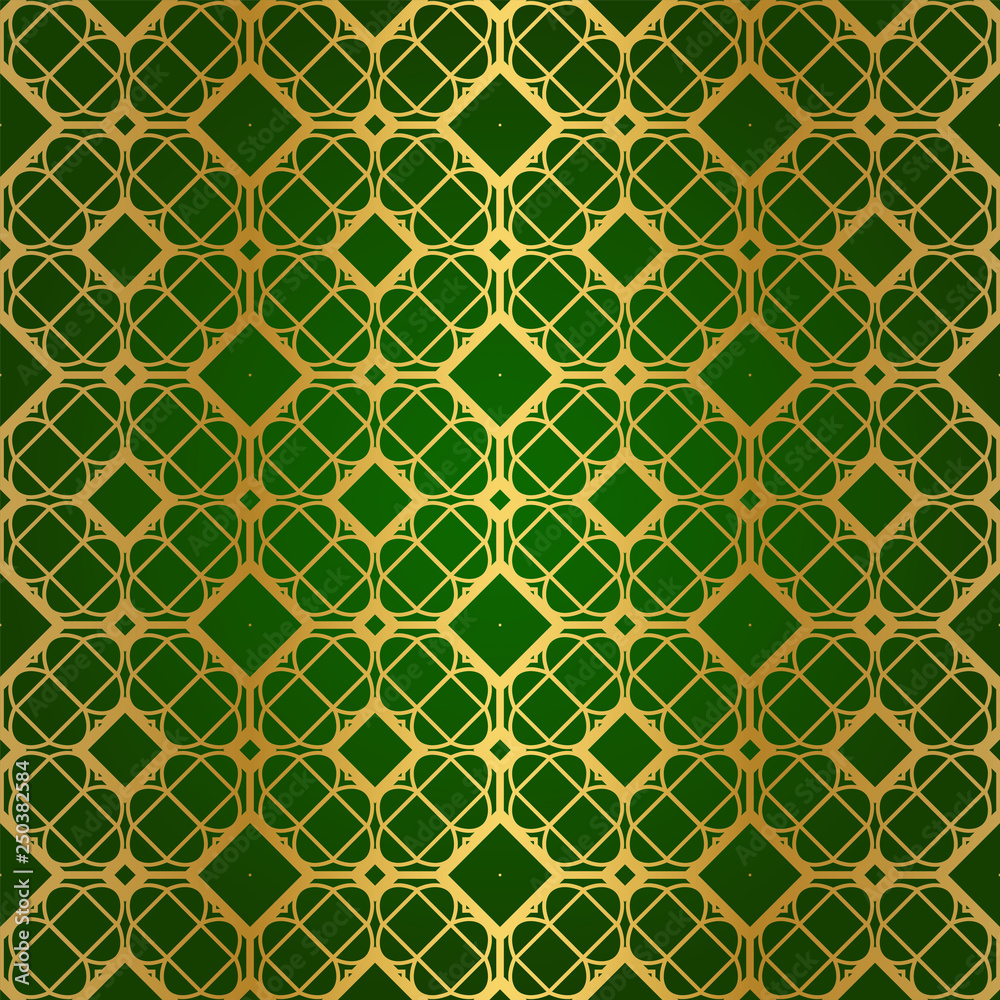 Fototapeta premium Luxury Seamless Geometrical Linear Texture. Original Geometrical Puzzle. Backdrop. Vector illustration. Green gold color. Design For Prints, Textile, Decor, Fabric.