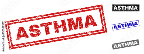 Grunge ASTHMA rectangle stamp seals isolated on a white background. Rectangular seals with grunge texture in red, blue, black and gray colors.