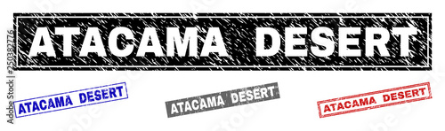Grunge ATACAMA DESERT rectangle stamp seals isolated on a white background. Rectangular seals with grunge texture in red, blue, black and grey colors.