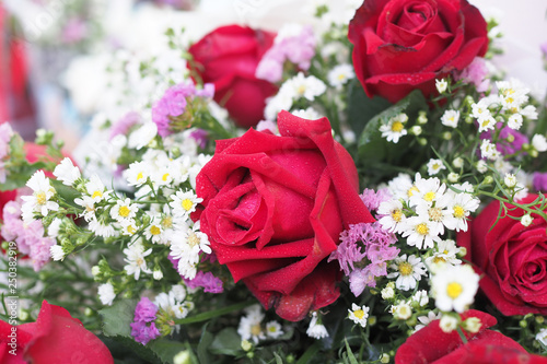 Close up beautiful fresh red rose in flower bouquet nature background