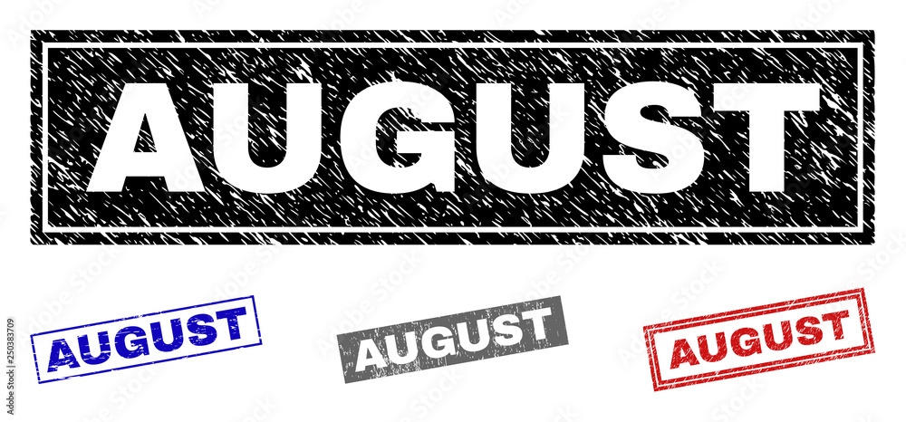 Grunge AUGUST rectangle stamp seals isolated on a white background. Rectangular seals with grunge texture in red, blue, black and gray colors. Grunge AUGUST rectangle stamp seals isolated on a white background. Rectangular seals with grunge texture in red, blue, black and gray colors.