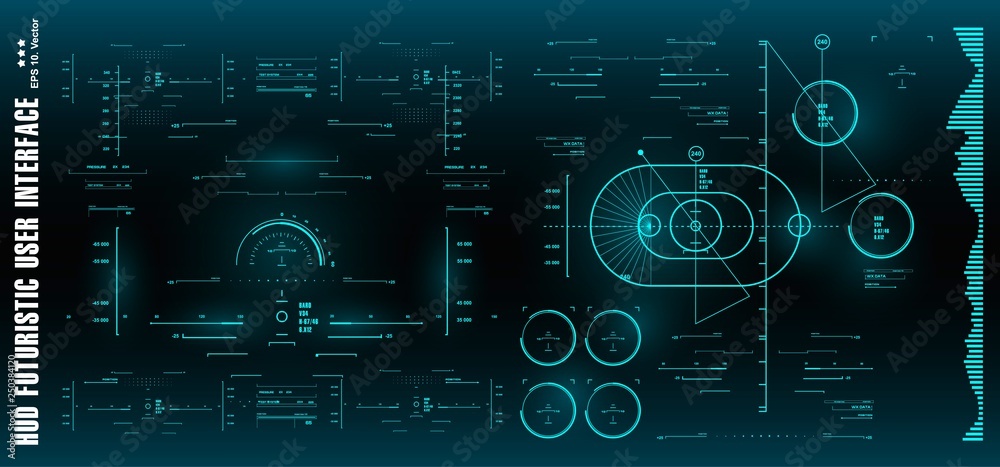 Obraz premium HUD futuristic blue user interface, target. Dashboard display virtual reality technology screen