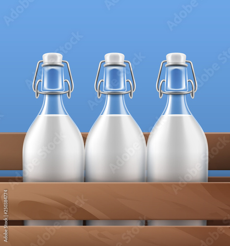 Vector illustration close-up view of glass bottles with swing top closures of fresh milk in wooden box on background