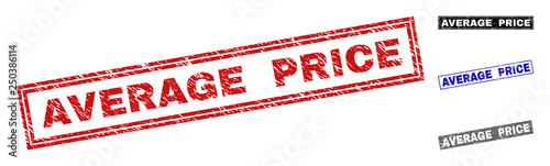 Grunge AVERAGE PRICE rectangle stamp seals isolated on a white background. Rectangular seals with grunge texture in red, blue, black and gray colors.