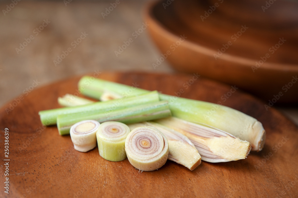 lemongrass slices on wood background. lemongrass slices on wood background.