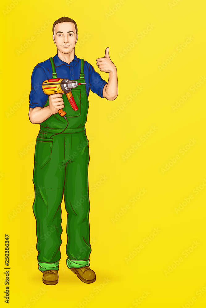 Vector pop art male character with drill, shows thumb up. Handyman in overalls, repair service or renovation concept. Professional tools, labor or employee illustration. Man on yellow background. Vector pop art male character with drill, shows thumb up. Handyman in overalls, repair service or renovation concept. Professional tools, labor or employee illustration. Man on yellow background.