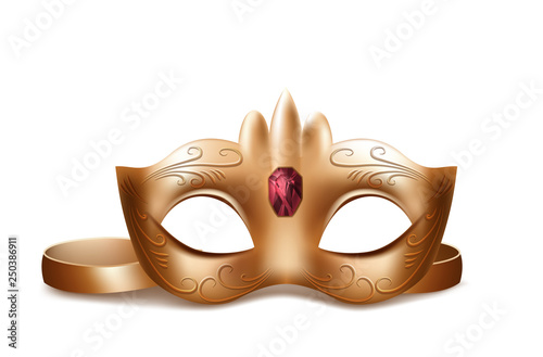 Vector 3d realistic Venetian face mask with red gem. Golden element, jewelry for traditional Mardi Gras carnival, holiday masquerade, costumed party dressing part illustration. Mystery, secret concept