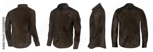 Ripped and dirty black shirt with long sleeves half turn front, side and back view 3d realistic vector isolated on white background. Old and rubbed, ragged cloth with worn to holes fabric illustration