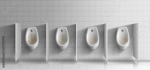 Mens public toilet room realistic vector. Row of dirty, rusty ceramic urinals with metal flushing buttons on white tiled wall in opened cabins illustration. Unsanitary, anti-hygienic condition concept