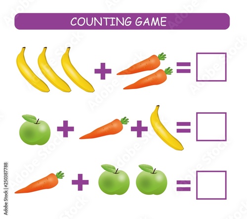 Counting game for preschool children. Educational a mathematical game. Сount how many fruits and vegetables in each row and write the result.