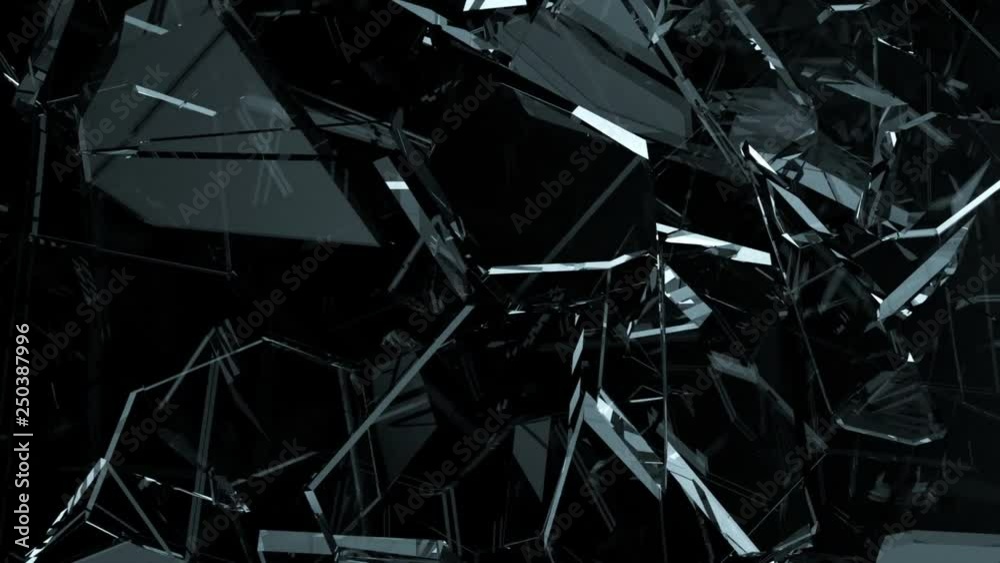 Pieces of destructed Shattered glass in slow motion. Alpha matte