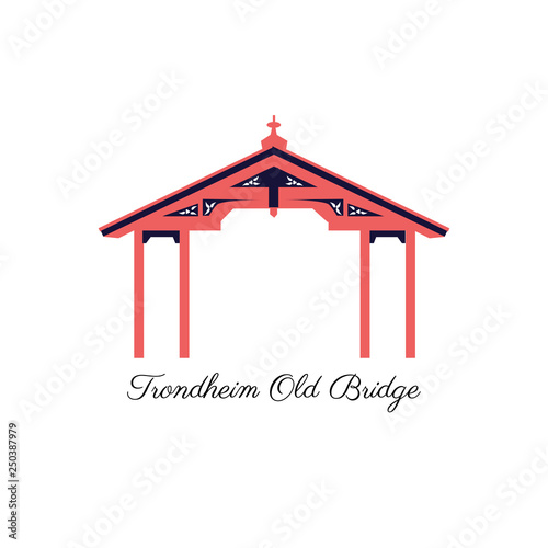 Norway travel cartoon vector norwegian landmark Trondheim Old Bridge isolated on white, travel nordic element, Scandinavian decorative sign flat style urban landscape for design european building