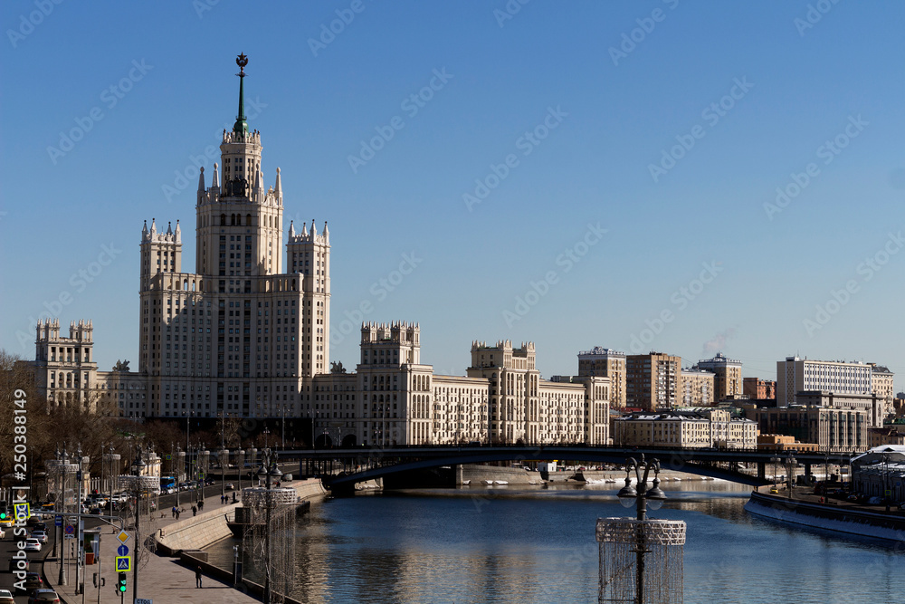 Cityscape and Landscape of downtown Moscow with Modern skyscrapers, office building and Moskva river over Sunrise sky, Moscow City, Russia