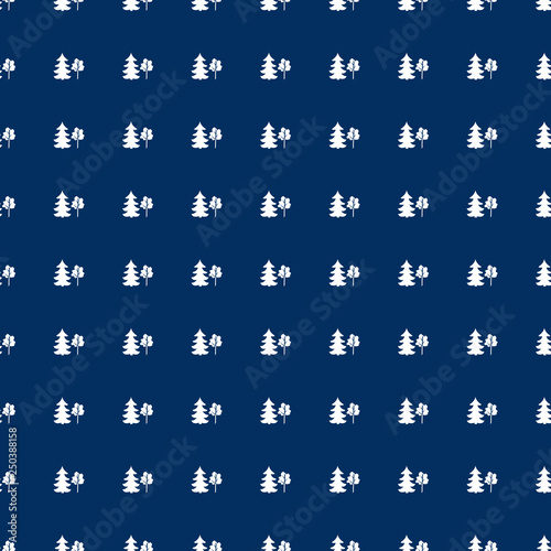 Seamless winter pattern pine tree, birch cartoon vector illustration isolated on blue background, forest element, decorative scandinavian texture for minimalist abstract design wallpaper, textile