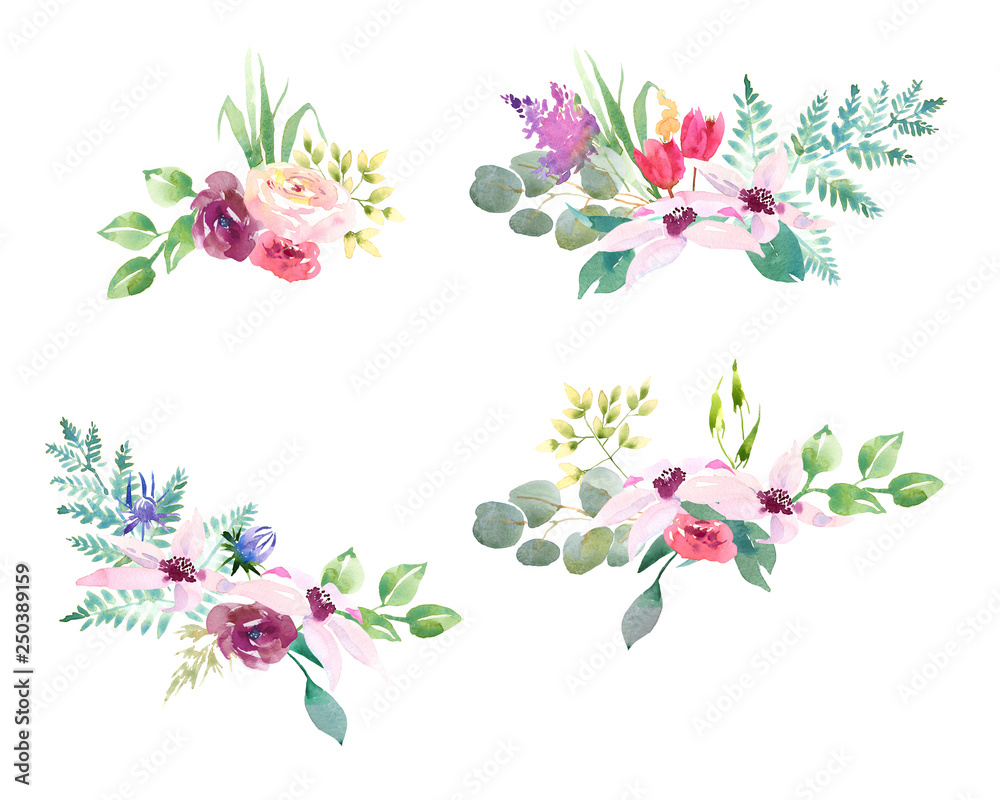 Obraz premium Collection spring Wedding romanric watercolor bouquet. Hand drawing watercolor blue pink and purple flowers ornament